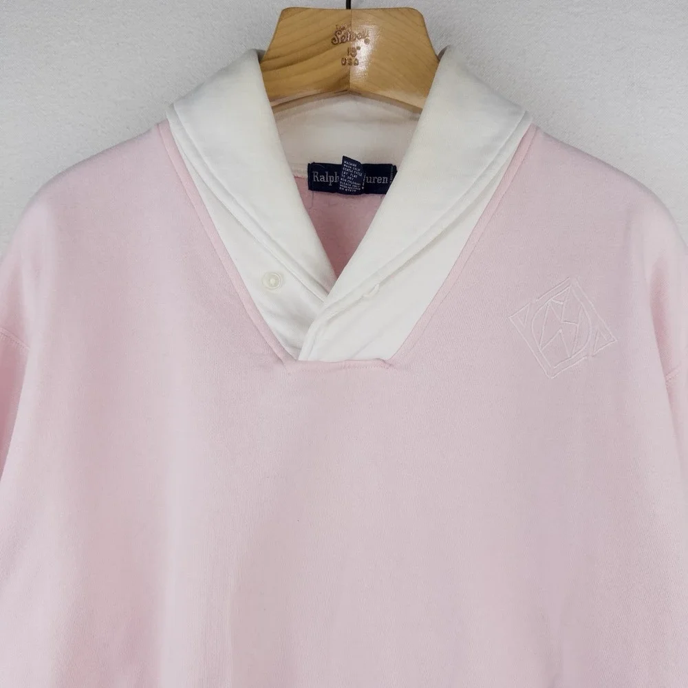 90s Ralph Lauren Womens Small Pink White Shawl Collar Fleece Pullover Sweatshirt